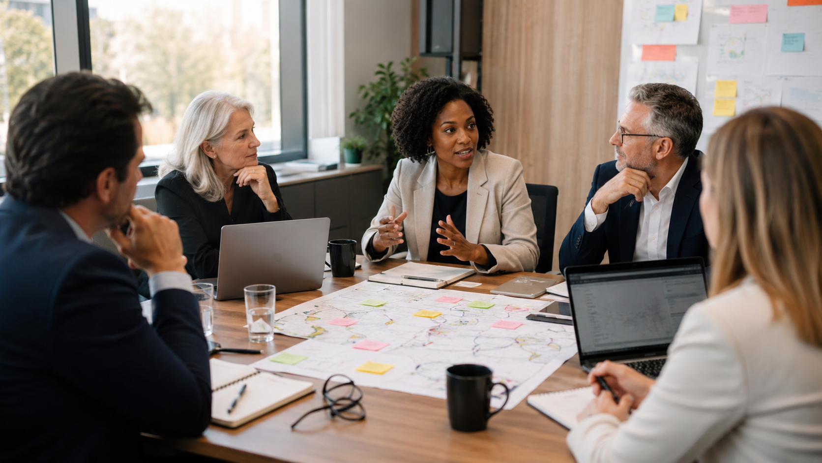 A communication professional contributes to a strategy discussion with leaders around a meeting table.