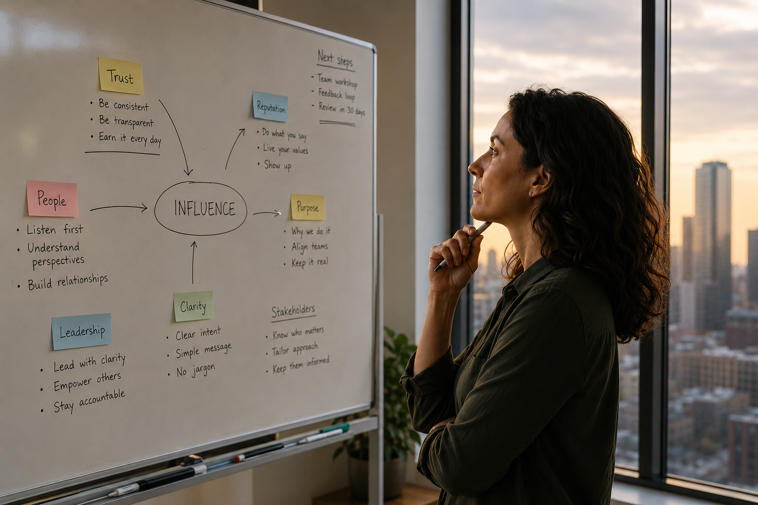 A communication professional stands thoughtfully beside a whiteboard covered with handwritten notes on trust, people, reputation, purpose and leadership, with a city skyline visible through the window at sunset.