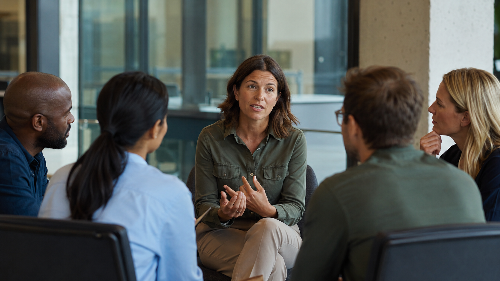 A communicator speaks with employees during an organisational change discussion.