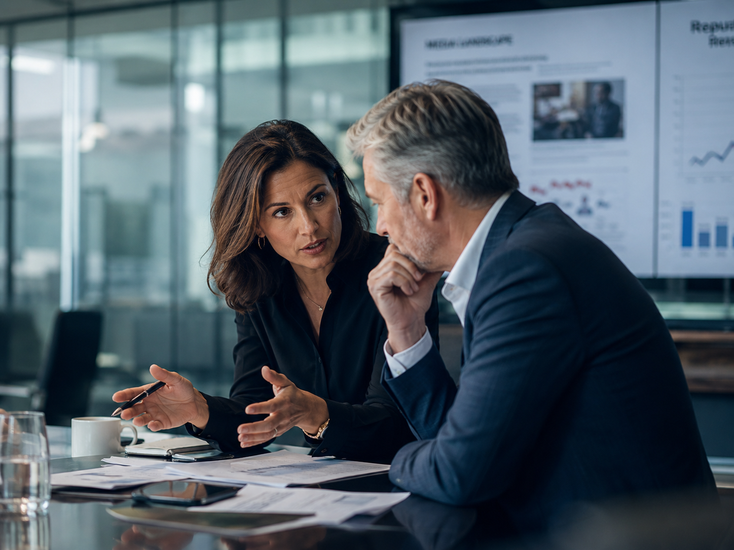 A senior communication advisor speaks with an executive during a focused boardroom discussion about reputation, risk and organisational strategy.