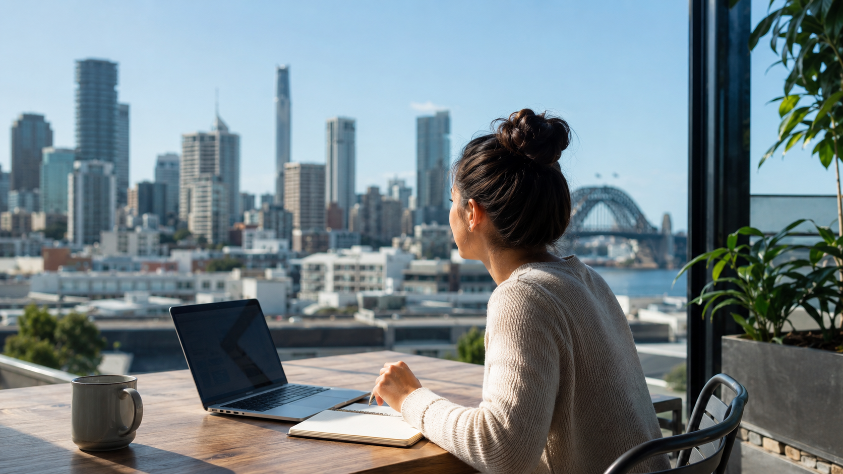A student studies online from an outdoor terrace overlooking a city skyline, representing flexible learning with a globally recognised university.