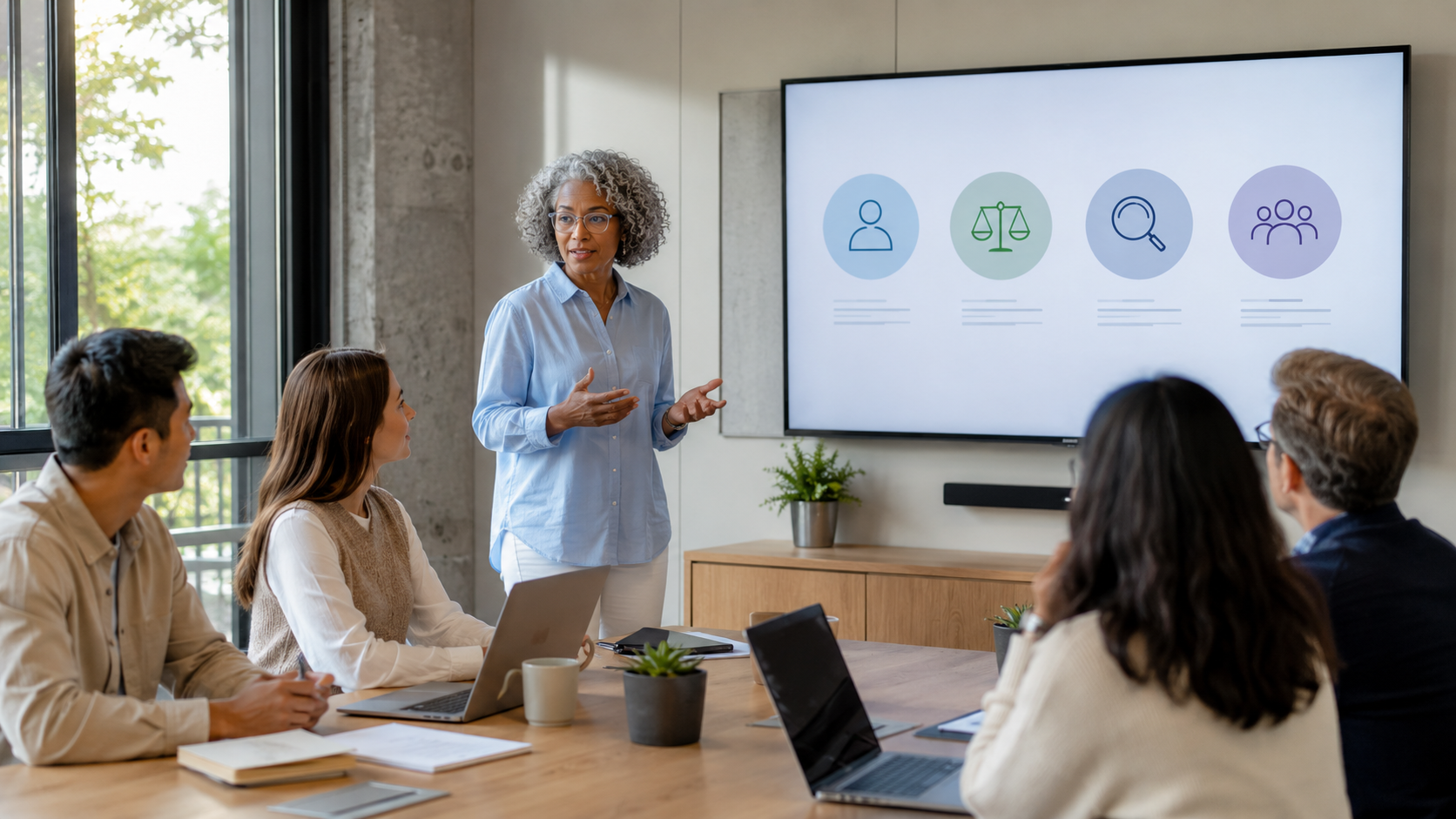 A workplace leader presenting an AI policy to a team.