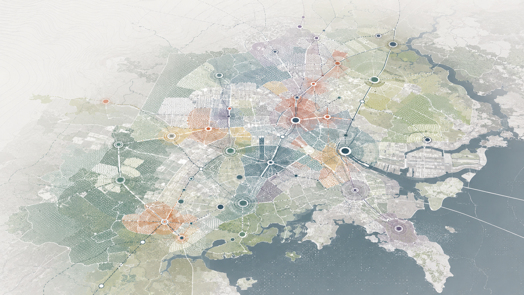 Abstract city map showing housing, transport, infrastructure and population growth as connected planning challenges.