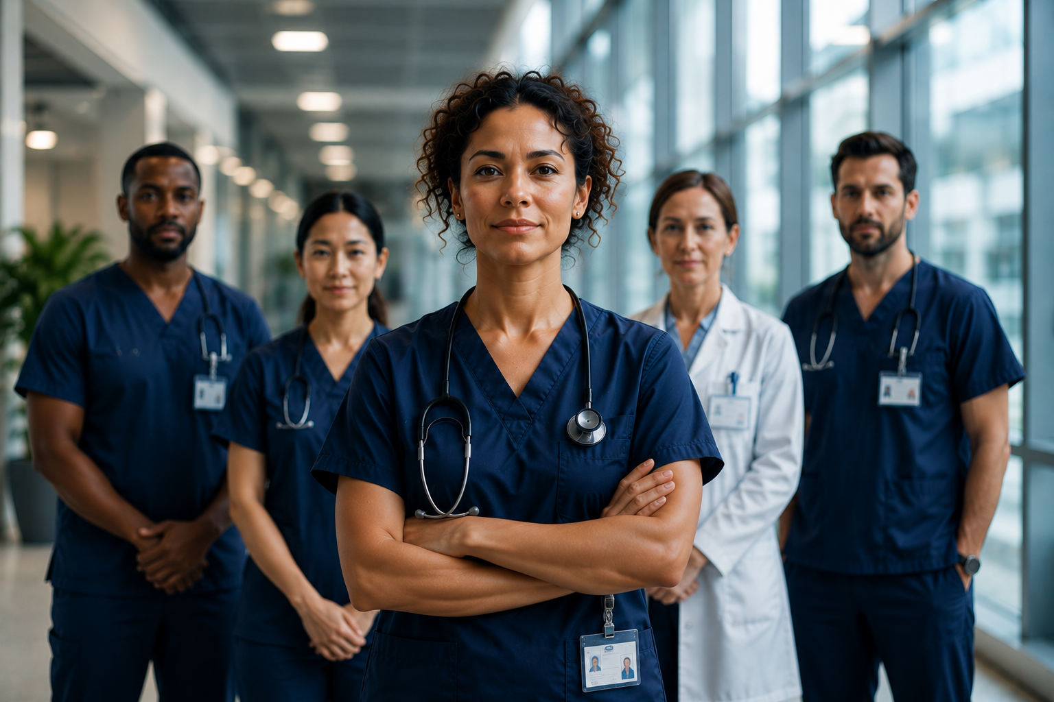 Confident medical team in modern hospital