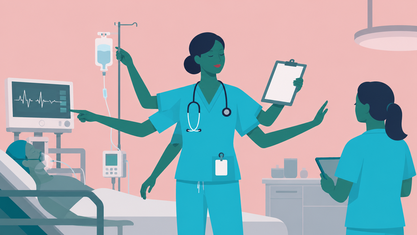 Illustration of a critical care nurse leading care in an ICU setting, representing clinical judgement, trauma management and high-acuity nursing pathways.