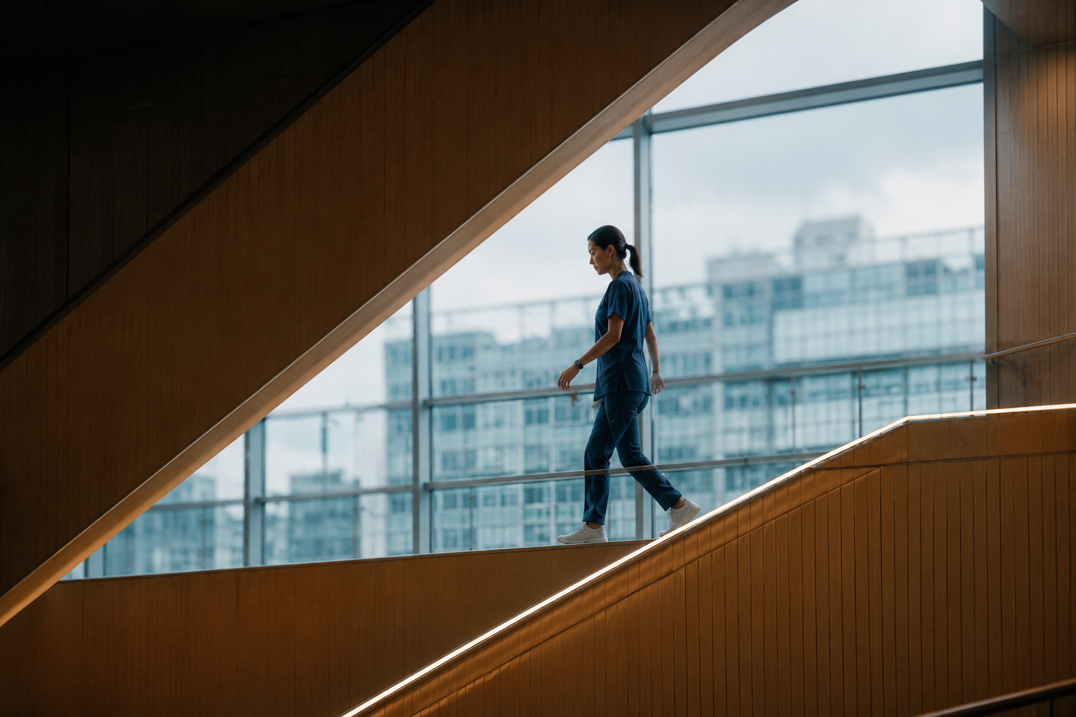 Geometric stairwell and city view with nurse walking