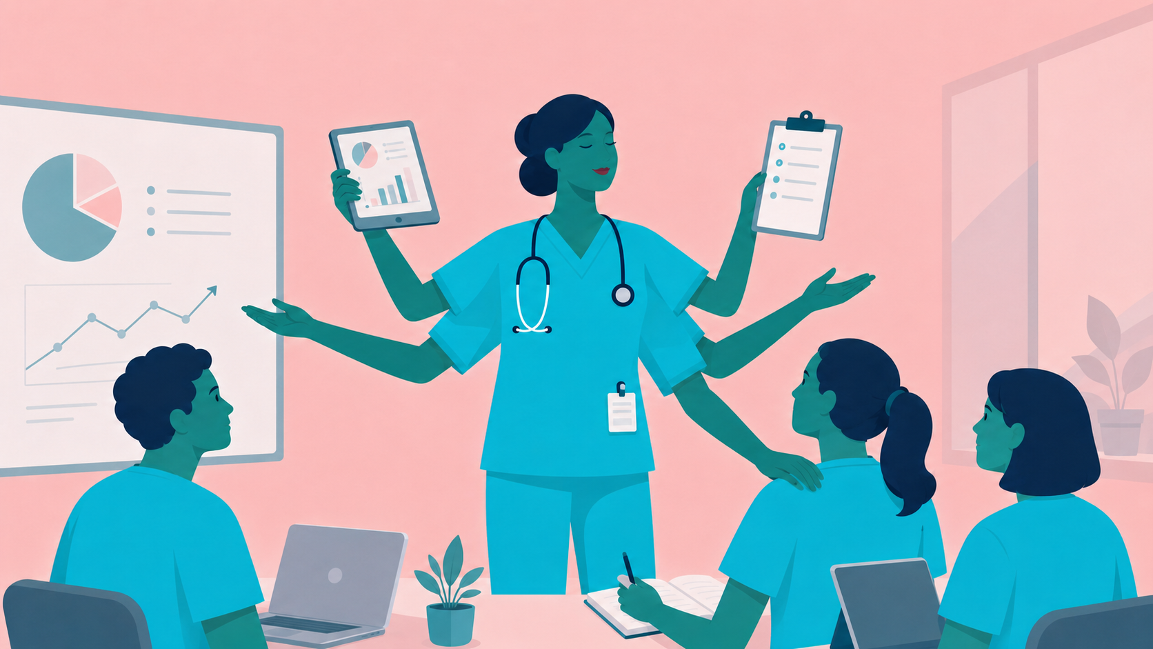 Illustration of an advanced nurse coordinating leadership, innovation, policy and clinical improvement initiatives while mentoring healthcare professionals.