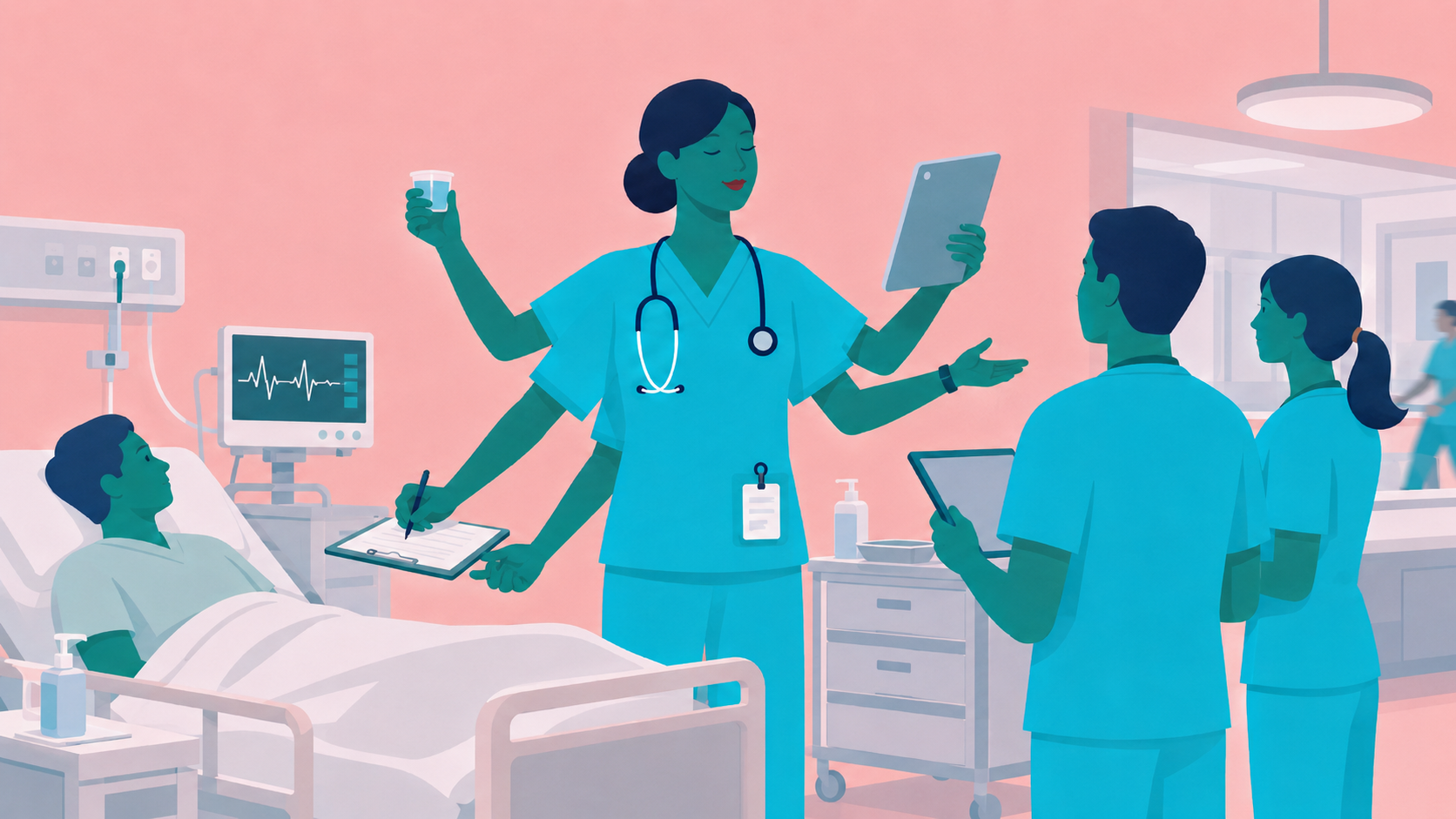 Illustration of an acute care nurse leading care in a fast-moving hospital environment, representing clinical coordination, rapid response and teamwork.