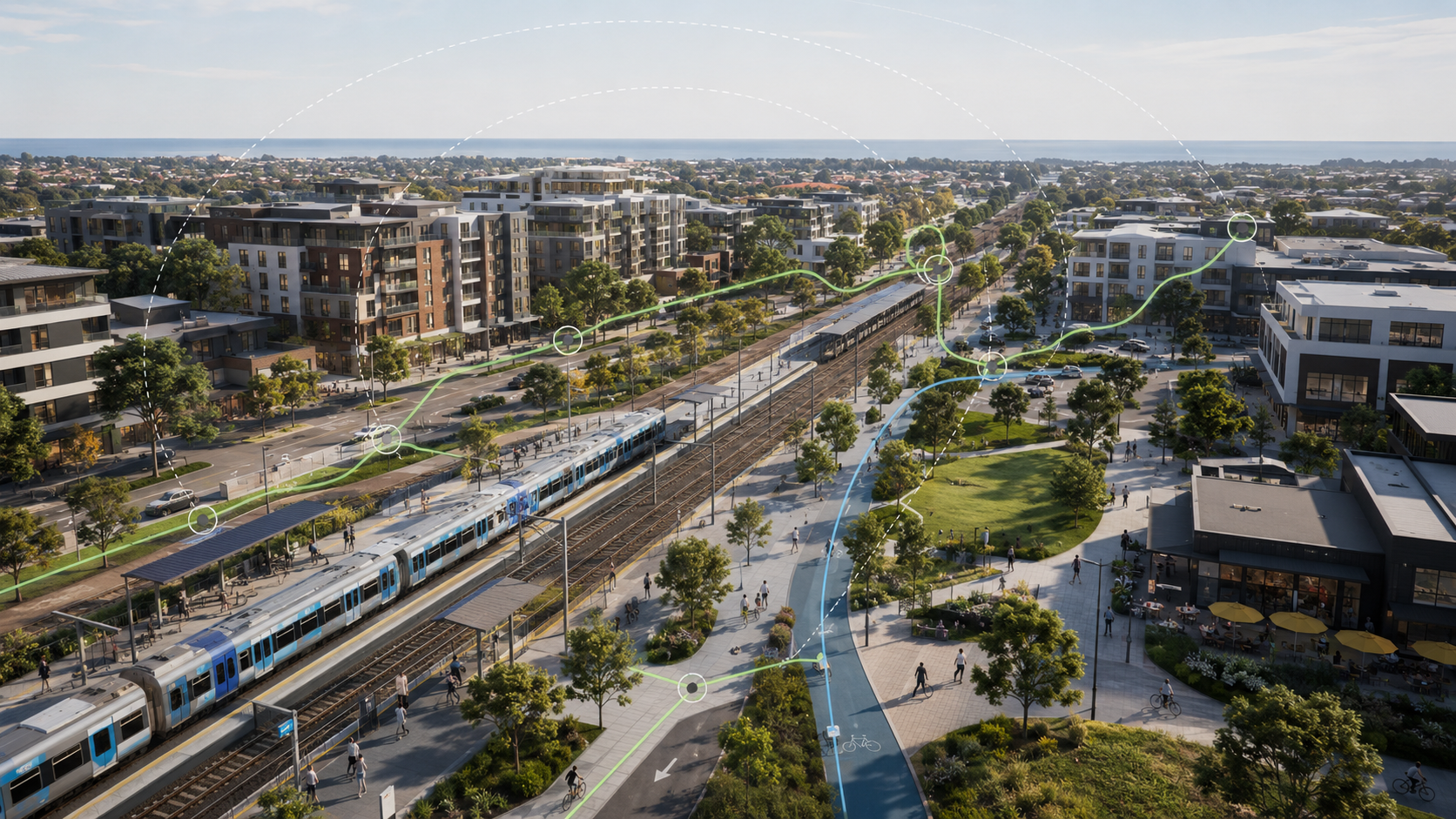 Transit-oriented precinct with medium-density housing, walking paths, green space and rail infrastructure.