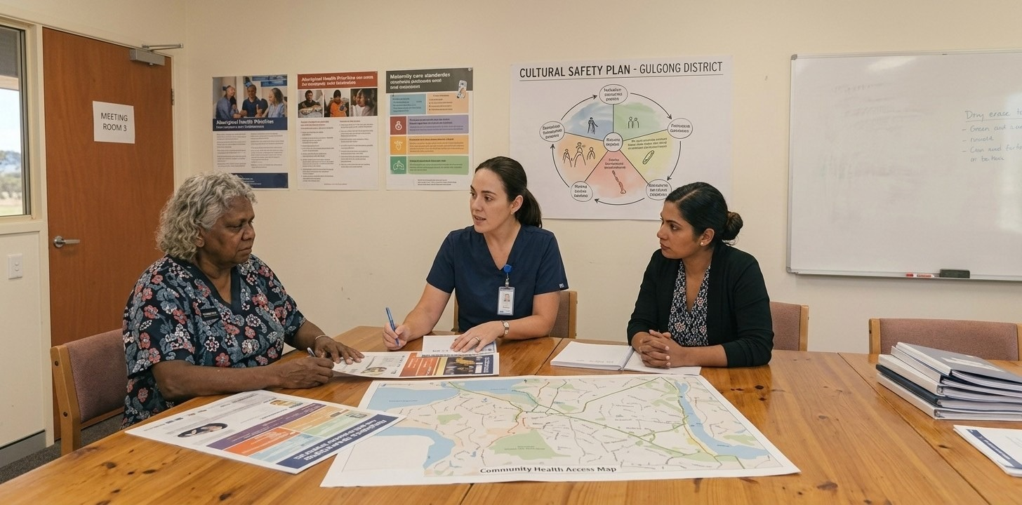 Three women, including an First Nations Indigenous Elder and a nurse, discussing a community health access map and cultural safety plan posters around a wooden conference table.