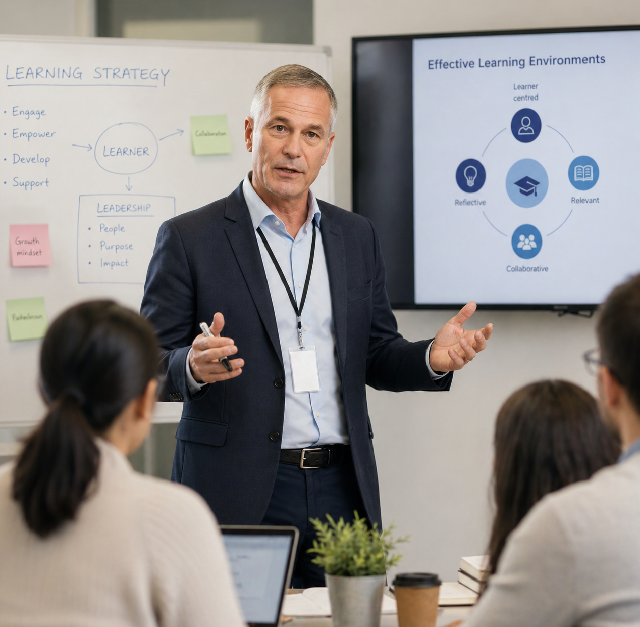 Middle-aged professional leading a learning and leadership workshop in a modern training environment.