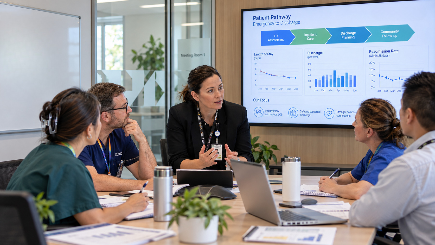 Healthcare professional leading a multidisciplinary team discussion about patient pathways, service performance and healthcare improvement.