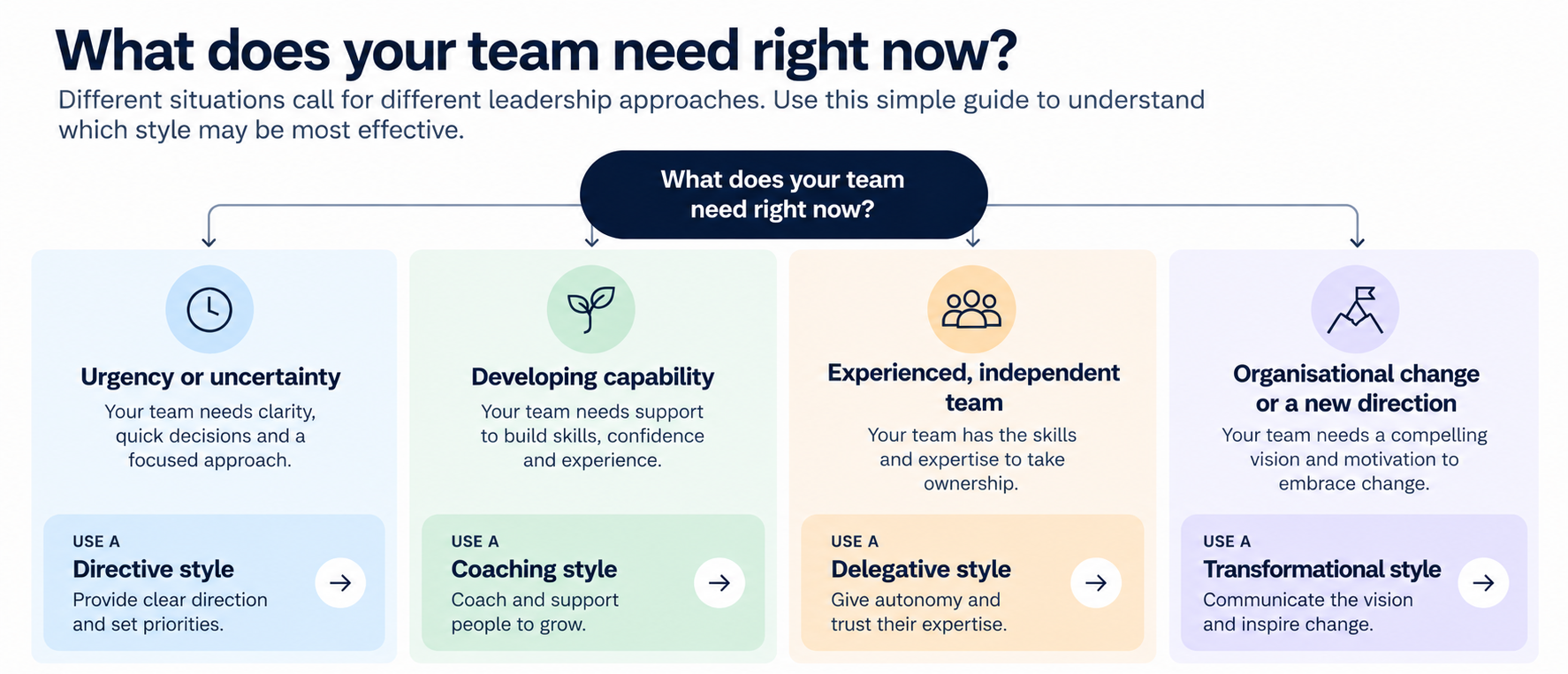 Infographic showing which leadership style may suit different team needs, including directive, coaching, delegative and transformational leadership.