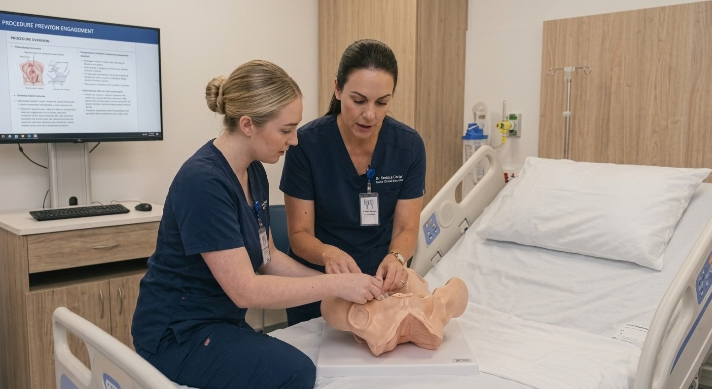 Two nurses in navy scrubs demonstrating a clinical procedure using an anatomical pelvic model placed on a hospital bed next to a display screen.