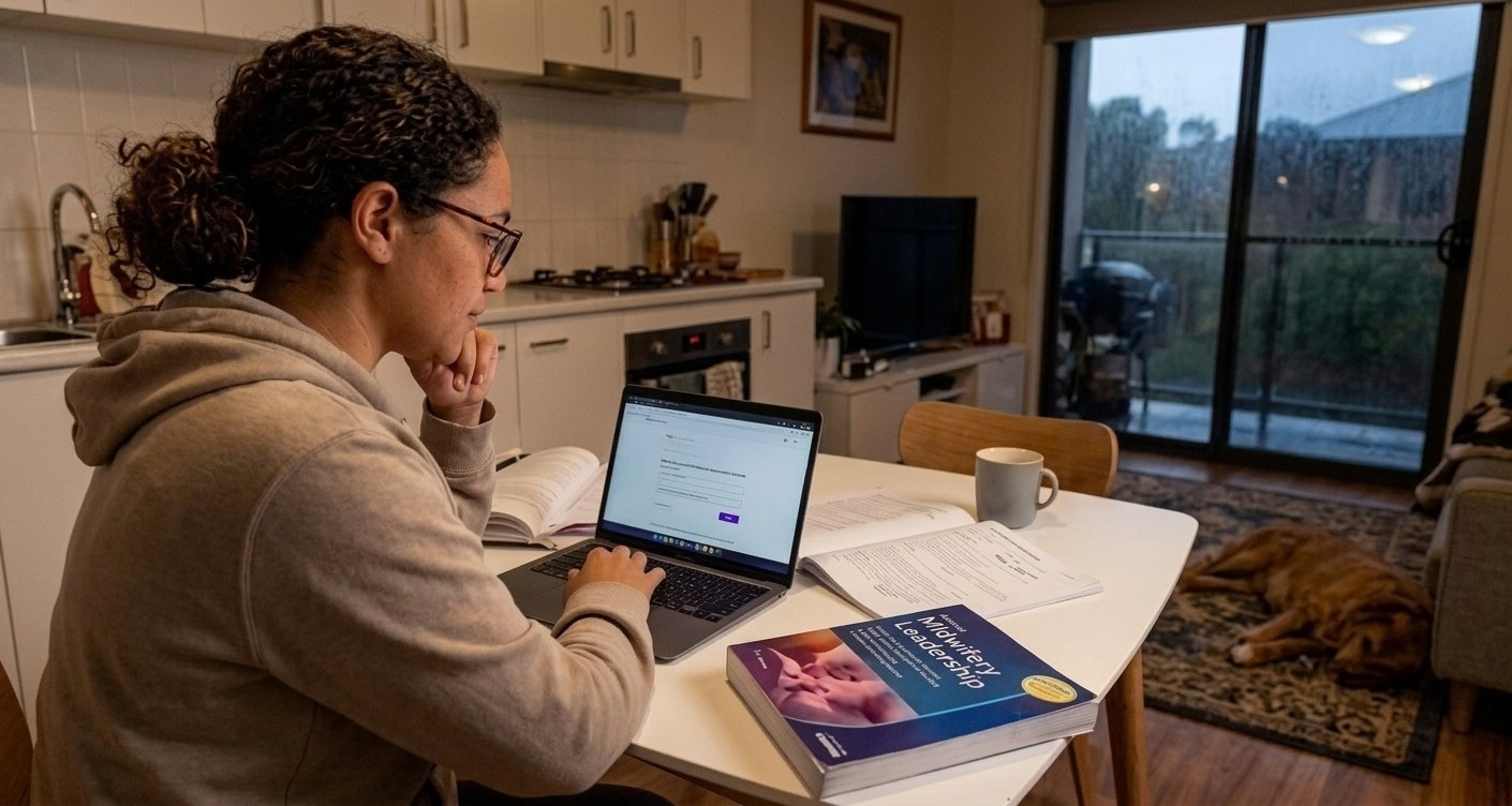 A woman sitting at a white kitchen table studying on a laptop with an open textbook and a Midwifery Leadership book in front of her, with a dog lying on a rug in the background.