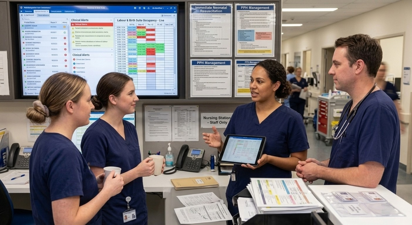 Four healthcare professionals gathered around a hospital nursing station discussing patient data on a tablet, with live occupancy monitors visible in the background.