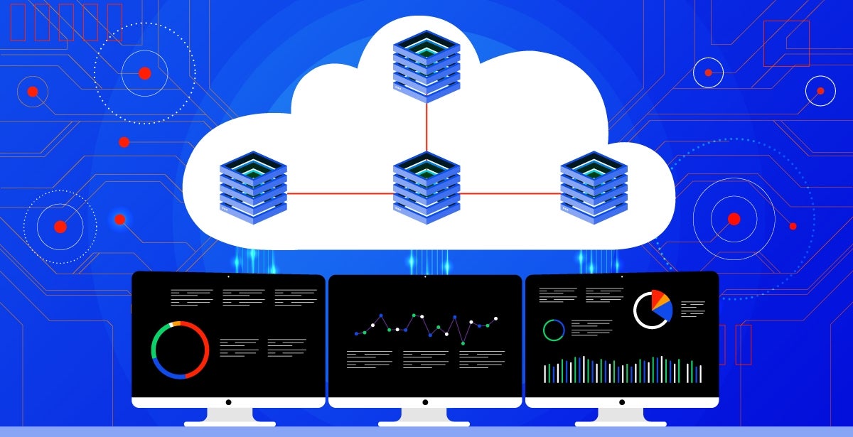 A conceptual illustration of three computer monitors displaying graphs and charts, surmounted by a cloud in which are floating five interconnected, latticed cubes representing data.