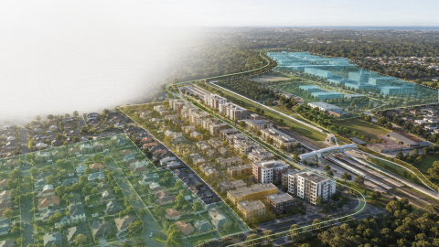 Aerial view of an Australian urban planning precinct showing low-density suburbs, medium-density housing, a rail corridor, green space and zoning overlays.