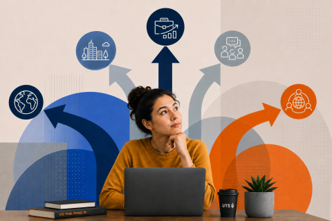 Woman working on a laptop looking thoughtful, with abstract arrows and icons representing business, urban planning, communication and global careers