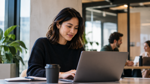 Professional working on a laptop in a modern office while balancing postgraduate MBA study with career commitments.